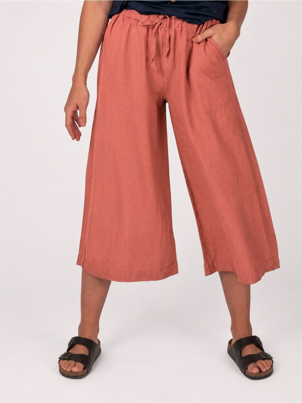 Soul Flower Hippie Wide-Leg Cropped Drawstring Pants - Coral Dust Hemp